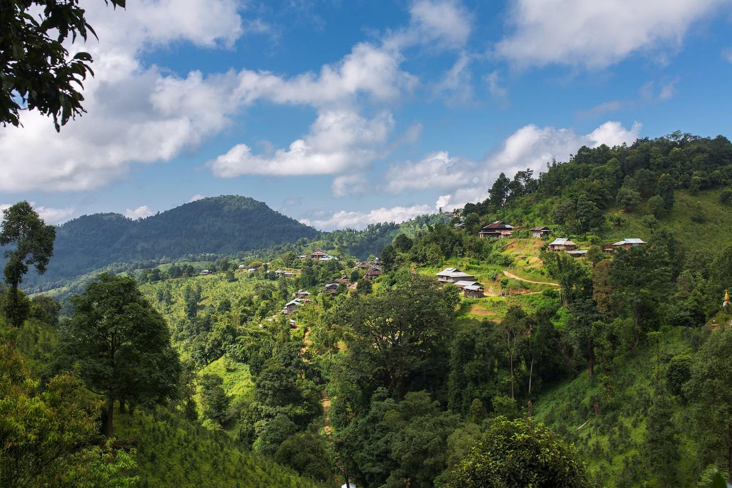 view of mountains and green hills in hsipaw myanmar