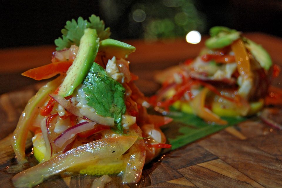 Close up of onions, tomatoes and avocado on a lemon slice Close up of onions, tomatoes and avocado on a lemon slice