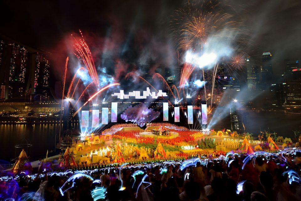 Crowds of people watching fireworks